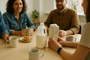 Informele kantoorsetting waar collega’s samen koffie drinken met zowel gewone melk als plantaardige drank op tafel