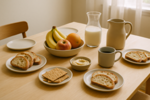 Gezellige brunchtafel met brood, fruit en verschillende melkopties voor iemand met lactose-intolerantie