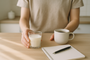 Handen die een klein glas melk neerzetten op een lichte keukentafel naast een kop koffie en een notitieblok