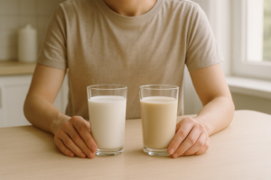 Persoon aan een lichte keukentafel die een glas melk en een glas plantaardige drank vergelijkt