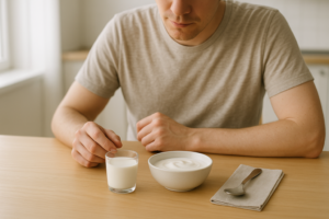 Persoon die rustig aan een keukentafel naar een glas melk en een schaaltje yoghurt kijkt