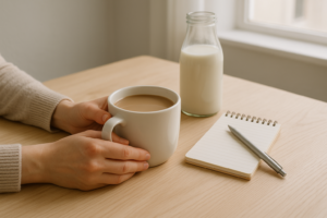 Handen rond een mok koffie met melk op een lichte tafel naast een notitieblok