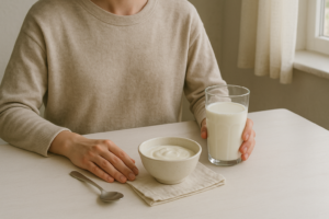 Persoon aan een lichte keukentafel die rustig een glas melk en een schaaltje yoghurt bekijkt