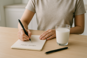 Persoon die aan een keukentafel een voedingsdagboek invult naast een glas melk