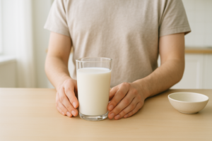 Glas melk op een lichte keukentafel met iemand die het glas voorzichtig opzij schuift