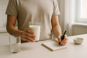 Persoon die in een lichte keuken een glas melk en een notitieblok vasthoudt om lactose-inname bij te houden