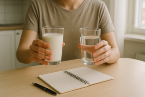 Persoon die aan een lichte keukentafel twee glazen drank vergelijkt en aantekeningen maakt over mogelijke lactoseklachten