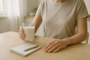 Persoon aan een lichte keukentafel met een glas melk en notitieblok over lactose-intolerantie