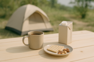 Ontspannen ontbijtscene op de camping met koffie, plantaardige drank en eenvoudige lactosearme snacks op een picknicktafel.