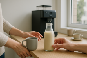 Koffiehoek op kantoor met een mok en plantaardige melk als optie bij lactose-intolerantie