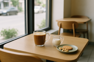 Tafel in een lichte koffiebar met koffie en een klein kannetje plantaardige melk