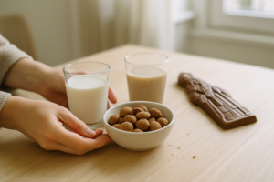 Tafel met Sinterklaas-snacks en twee glazen drank, waaronder een plantaardige optie, voor iemand met lactose-intolerantie