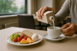 Rustig hotelontbijt met fruit, brood, ei en koffie met plantaardige melk op een lichte tafel