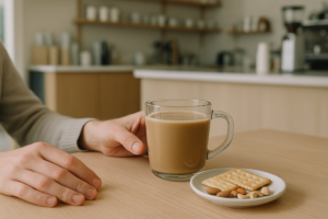 Iemand drinkt koffie met plantaardige melk in een lichte koffiebar tijdens een dagje weg met lactose-intolerantie.