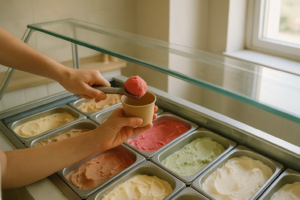 IJszaak waar een hand een bolletje fruitsorbet in een bekertje schept