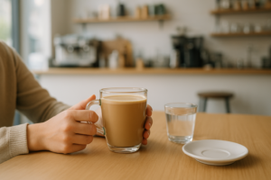 Persoon in een lichte koffiebar met een koffie met plantaardige melk op tafel
