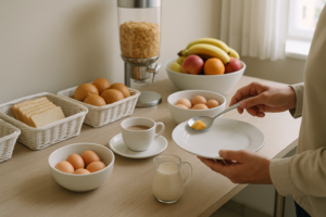 Hotelontbijtbuffet waar iemand rustig lactosebewuste keuzes maakt met brood, fruit en koffie