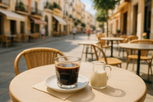 Zonnig Spaans terras met een kop zwarte koffie en een kannetje plantaardige melk op tafel