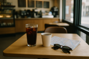 Tafel in een Amerikaanse koffiebar met zwarte koffie voor iemand met lactose-intolerantie op vakantie