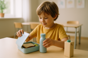 Kind op school dat een lunchbox met lactosevrije opties opent aan een lichte tafel