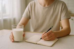 Persoon die aan een keukentafel een glas melk en een klachtenlogboek bekijkt