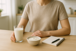 Persoon die aan een keukentafel een glas melk en notitieboekje bekijkt bij het bijhouden van een klachtenlogboek