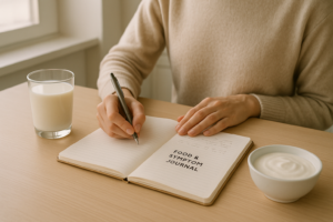 Persoon houdt een eenvoudig klachtenlogboek bij aan de keukentafel naast een glas melk