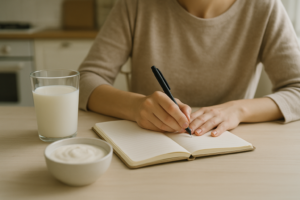 Persoon houdt een eenvoudig klachtenlogboek bij aan een keukentafel naast een glas melk