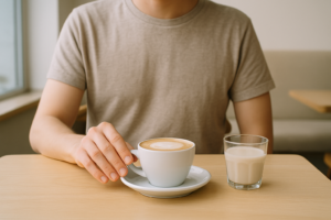 Persoon in café die een cappuccino met melk laat staan en kiest voor een lactosevrij alternatief op tafel