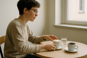 Persoon in een lichte koffiebar die kiest voor koffie zonder melk bij lactose-intolerantie