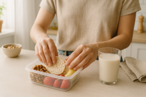 Persoon die aan een lichte keukentafel lactosearme snacks en een glas plantaardige drank klaarmaakt