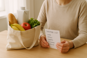 Persoon die met boodschappenlijst en boodschappentas lactosevrije keuzes plant in de keuken
