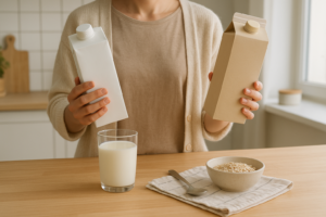 Persoon in lichte keuken die rustig twee melkverpakkingen vergelijkt naast een glas melk