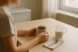 Persoon aan een lichte keukentafel die koffie drinkt met een kannetje plantaardige melk ernaast