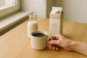 Kop koffie op tafel met melk en plantaardige drank als keuze bij lactose-intolerantie