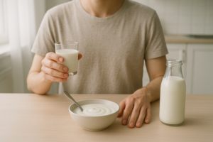 Persoon aan een lichte keukentafel met een klein glas melk en een schaaltje yoghurt om lactose te testen