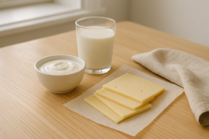 Eenvoudige flatlay met een glas melk, een schaaltje yoghurt en wat plakjes kaas op een lichte keukentafel