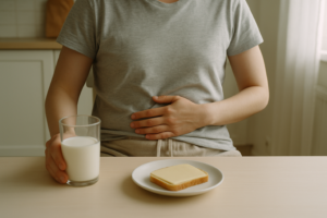 Persoon aan een lichte keukentafel met een glas melk en een hand op de buik
