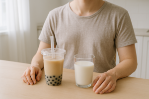 Persoon aan een lichte keukentafel die een beker bubble tea en een glas melk rustig bekijkt
