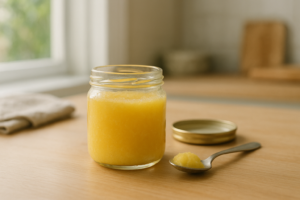 Klein potje ghee met een theelepel op een lichte keukentafel in daglicht