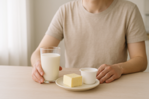 Persoon aan een lichte keukentafel die rustig naar een glas melk en wat zuivelproducten kijkt