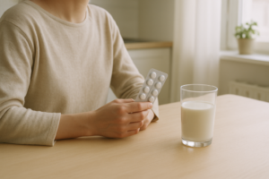 Persoon aan keukentafel met glas melk en lactase-tabletten in de hand