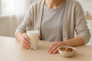 Persoon aan een lichte keukentafel met een glas melk en een schaaltje noten
