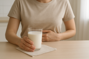Persoon aan een lichte keukentafel met een glas melk en een hand op de buik, als rustig beeld bij lactose-intolerantie en PDS