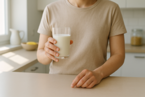 Persoon in een lichte keuken die nadenkend een glas melk vasthoudt