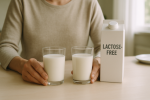 Persoon die aan een keukentafel een glas melk en een lactosevrij alternatief vergelijkt