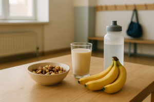 Tafel in sportkantine met eenvoudige lactosevrije snacks zoals fruit, noten en een plantaardige drank