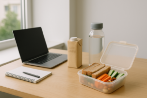 Eenvoudige kantoorlunch met lactosearme opties op een lichte tafel