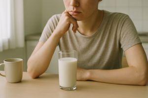 Persoon aan een lichte keukentafel die nadenkend naar een glas melk kijkt