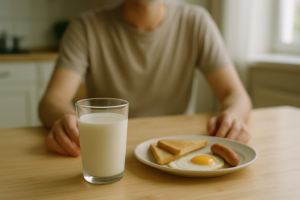 Persoon aan een lichte keukentafel met een glas koemelk bij de maaltijd